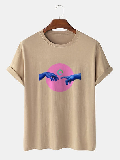Men's 100% Cotton Hand Circle Print T-Shirt | Crew Neck Preppy Short Sleeve Style