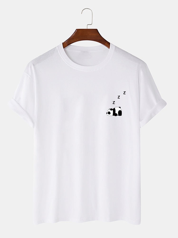 Men's 100% Cotton Panda Print T-Shirt | Solid Color Thin Casual Style