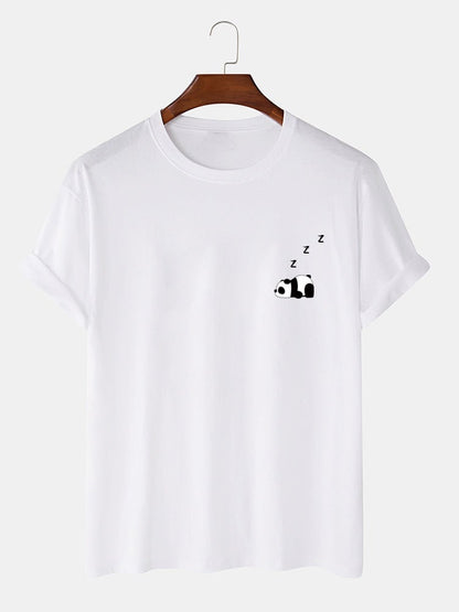 Men's 100% Cotton Panda Print T-Shirt | Solid Color Thin Casual Style