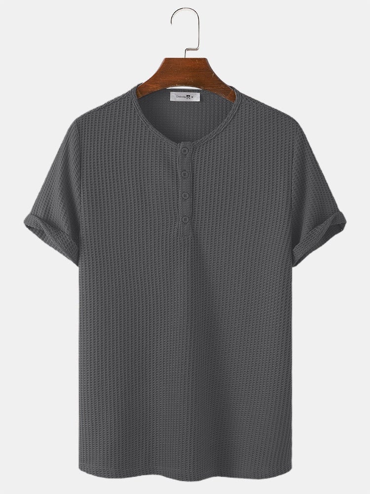 Men's Knitted Waffle T-Shirt | Solid Color Casual Short Sleeve Style