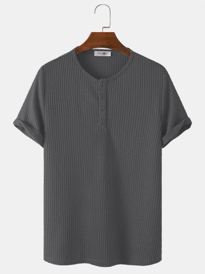 Men's Knitted Waffle T-Shirt | Solid Color Casual Short Sleeve Style