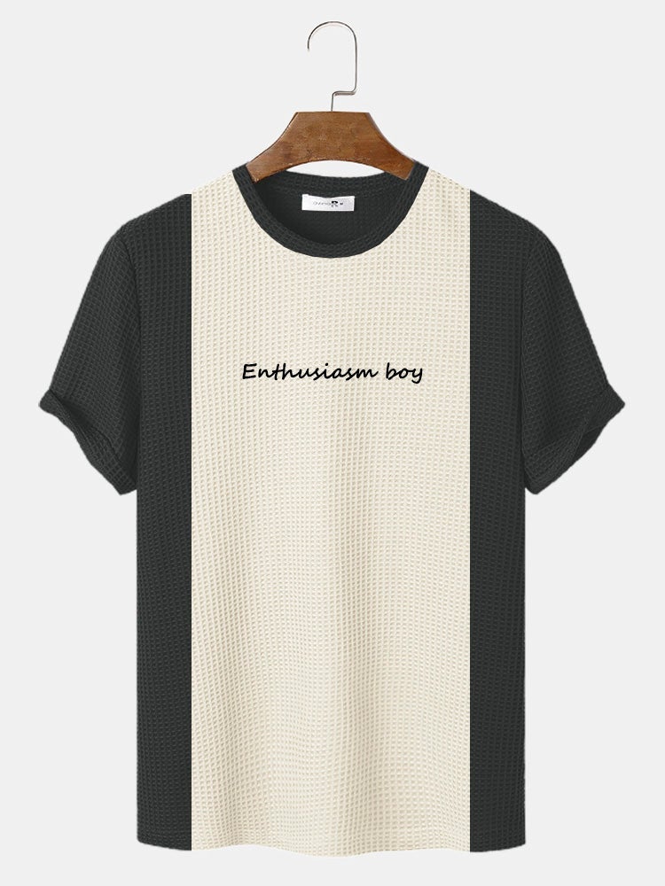 Men's Knitted Stitching Letter Embroidery T-Shirt | Crew Neck Short Sleeve Style