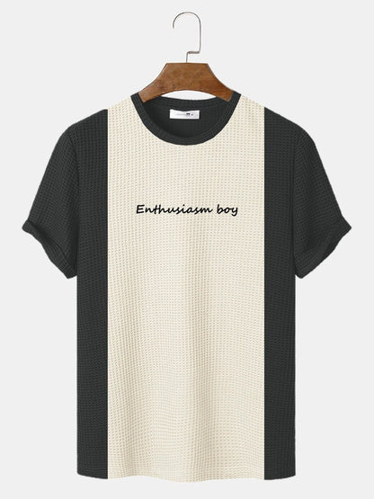 Men's Knitted Stitching Letter Embroidery T-Shirt | Crew Neck Short Sleeve Style