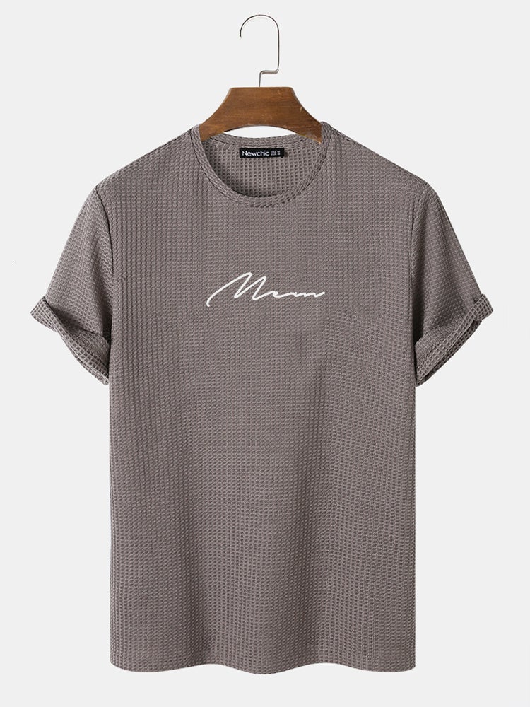 Men's Script Embroidered T-Shirt | Knit Texture Casual Short Sleeve Style
