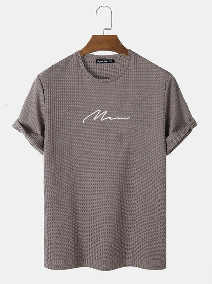 Men's Script Embroidered T-Shirt | Knit Texture Casual Short Sleeve Style
