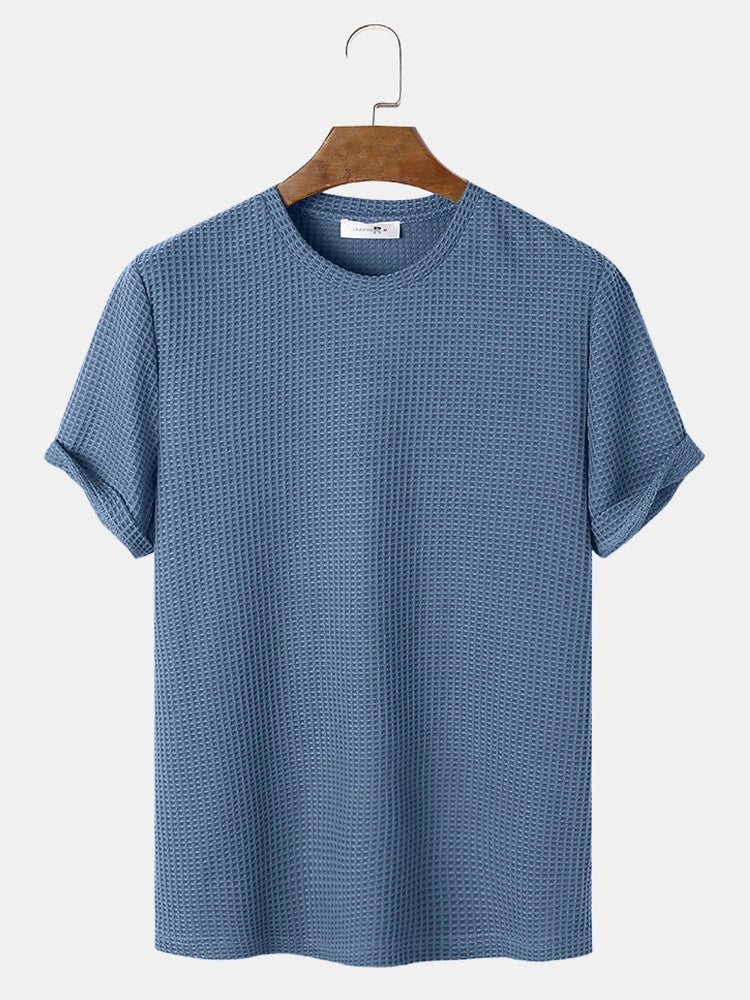 Men's Plain Texture Knitted Waffle T-Shirt | Short Sleeve Style
