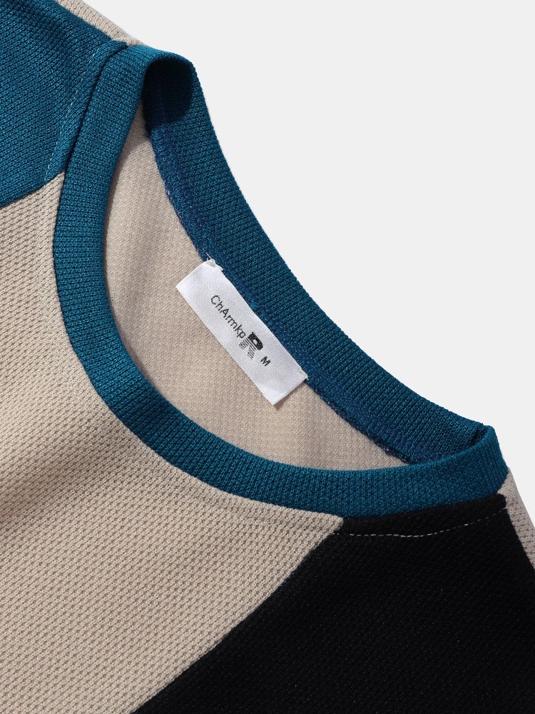 Men's Block Stripe Patchwork T-Shirt | Embroidered Knit Short Sleeve Preppy Style