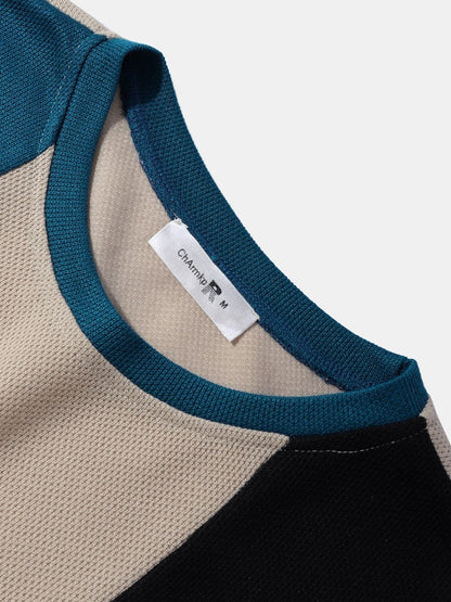 Men's Block Stripe Patchwork T-Shirt | Embroidered Knit Short Sleeve Preppy Style