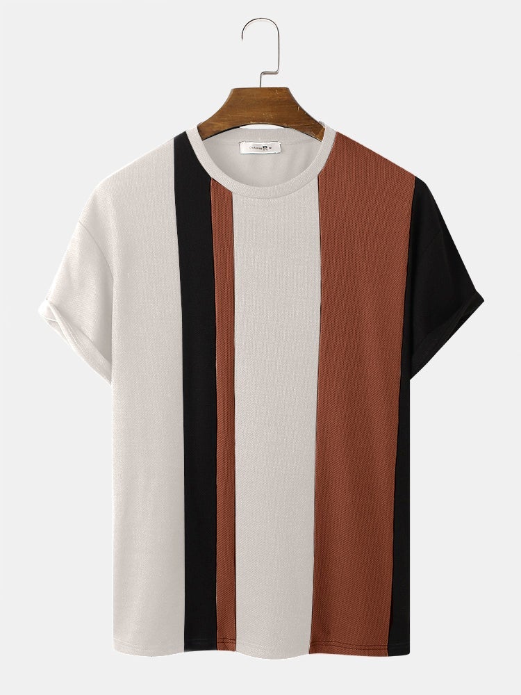 Men's Knitted Contrasting Color T-Shirt | Short Sleeve Stitching Style