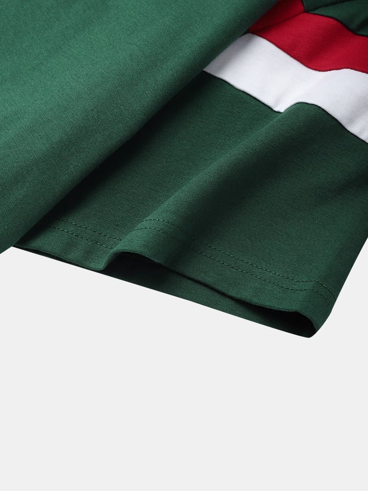 Men's Stripe Spliced Embroidered T-Shirt | Loose Varsity Short Sleeve Style