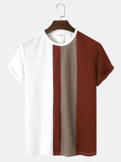 Men's Block Stripe Stitching T-Shirt | Knitted Preppy Short Sleeve Style