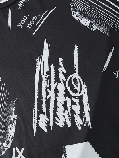 Men's Letter Graffiti T-Shirt | Black Crew Neck Short Sleeve Style