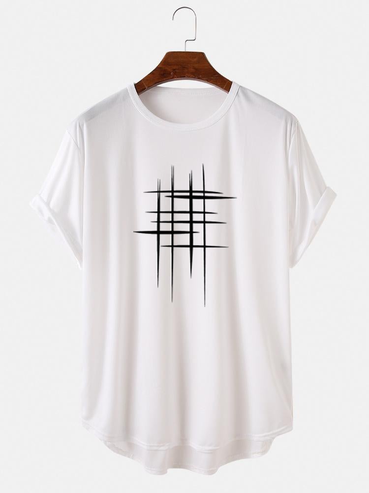 Men's Line Graphic High Low Curved Hem T-Shirt | Sports Short Sleeve Style