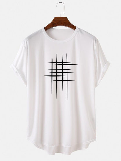 Men's Line Graphic High Low Curved Hem T-Shirt | Sports Short Sleeve Style