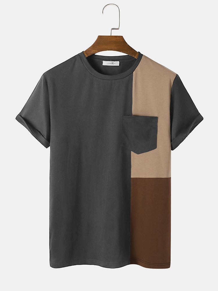 Men's Tricolor Patchwork Pocket T-Shirt | Crew Neck Short Sleeve Style