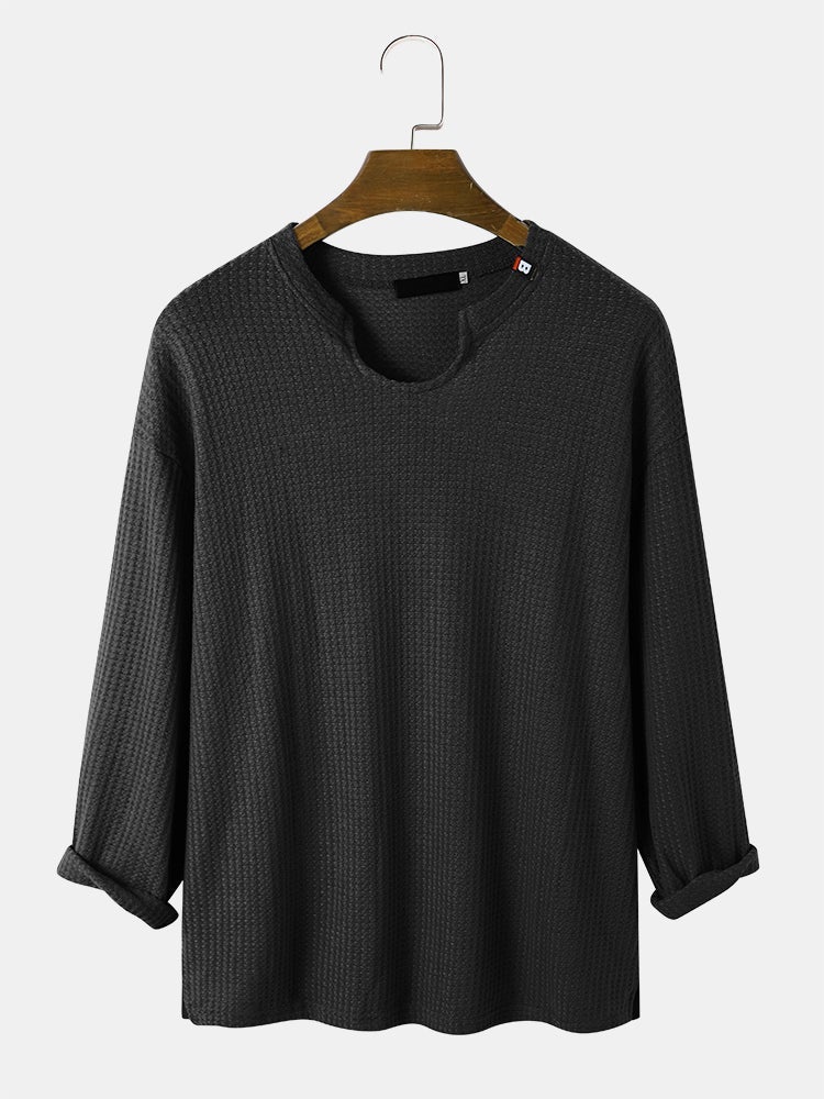 Men's Knit Texture Side Split T-Shirt | Loose Long Sleeve Plain Style