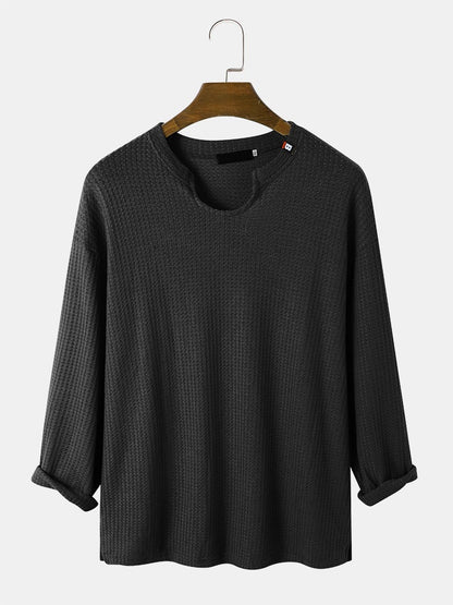 Men's Knit Texture Side Split T-Shirt | Loose Long Sleeve Plain Style