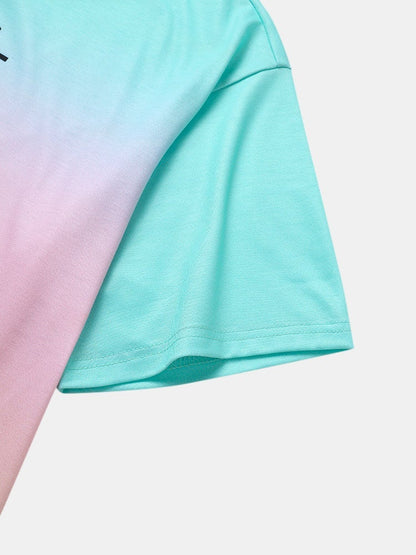 Men's Colorful Ombre Letter Print T-Shirt | Loose Fit Curved Hem Short Sleeve