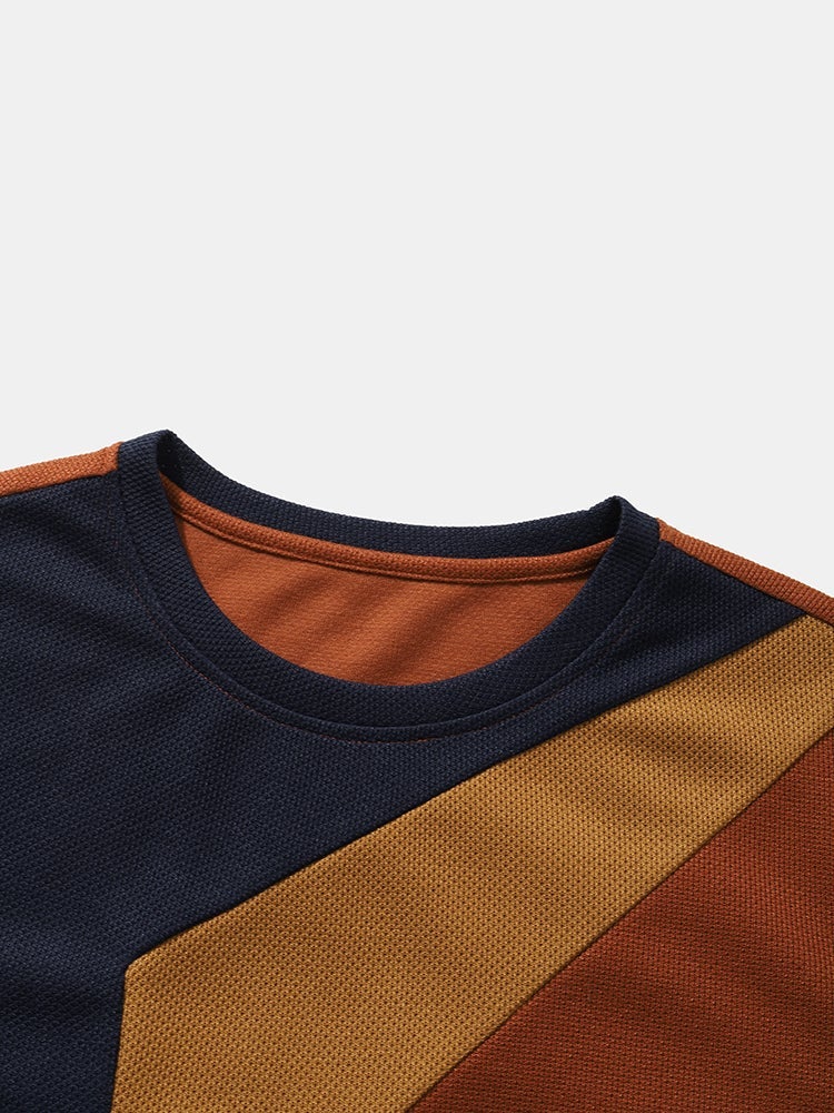 Men's Knit Irregular Color Block T-Shirt | Preppy Stitching Short SleeveMen's Knit Irregular Color Block T-Shirt | Preppy Stitching Short Sleeve