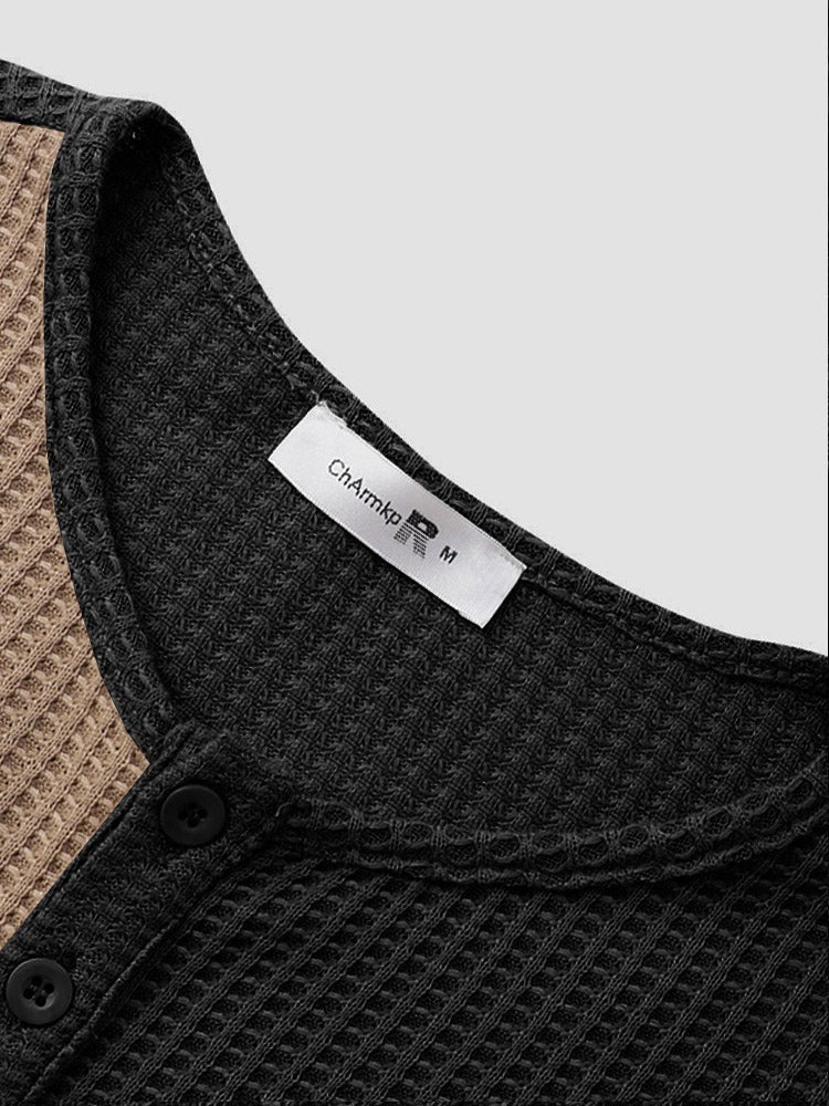 Men's Two-Tone Stitching Knitted Button T-Shirt | Short Sleeve Style
