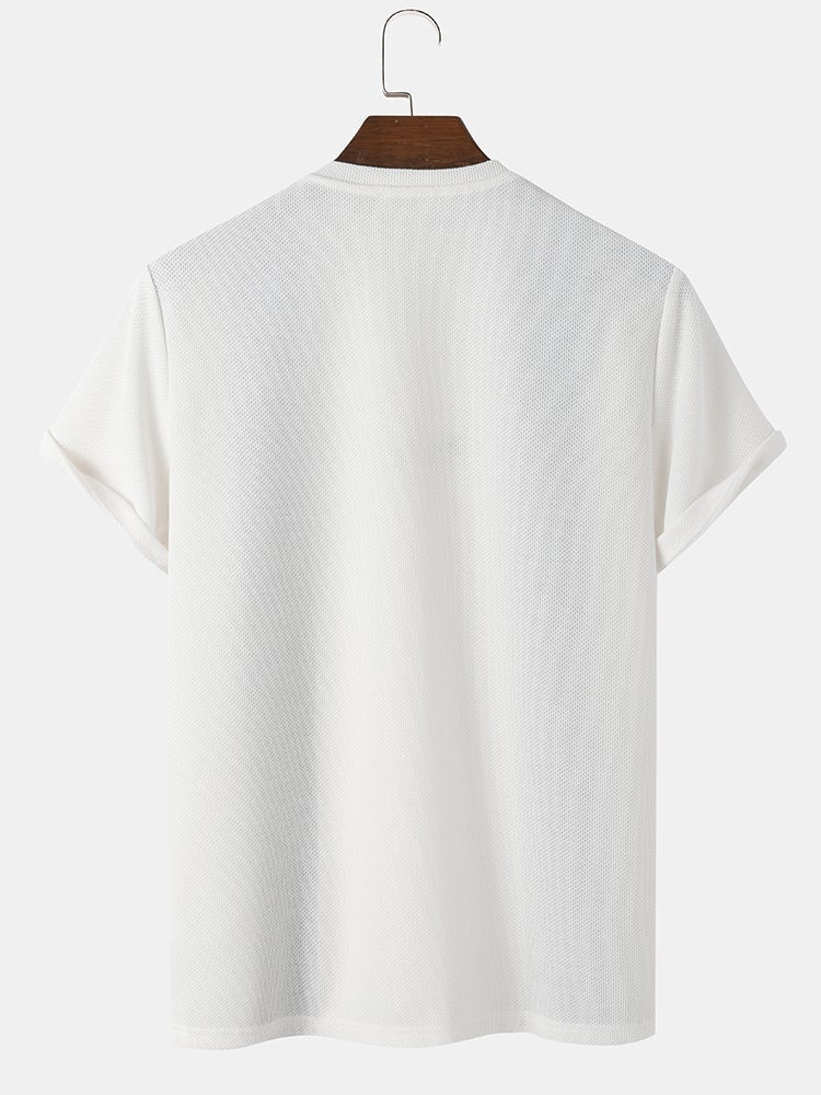 Men's Knit Two-Tone Patchwork T-Shirt | Embroidered Preppy Short Sleeve Style