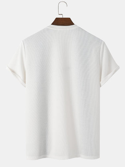 Men's Knit Two-Tone Patchwork T-Shirt | Embroidered Preppy Short Sleeve Style