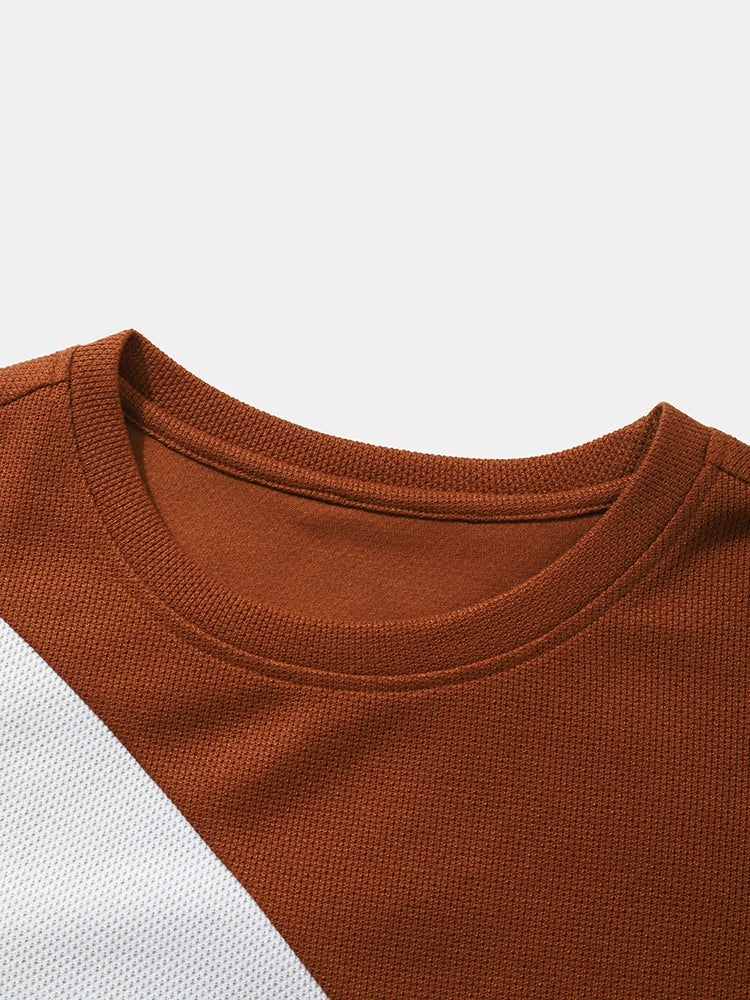 Men's Knit Color Block Panel T-Shirt | Loose Preppy Patchwork Short Sleeve