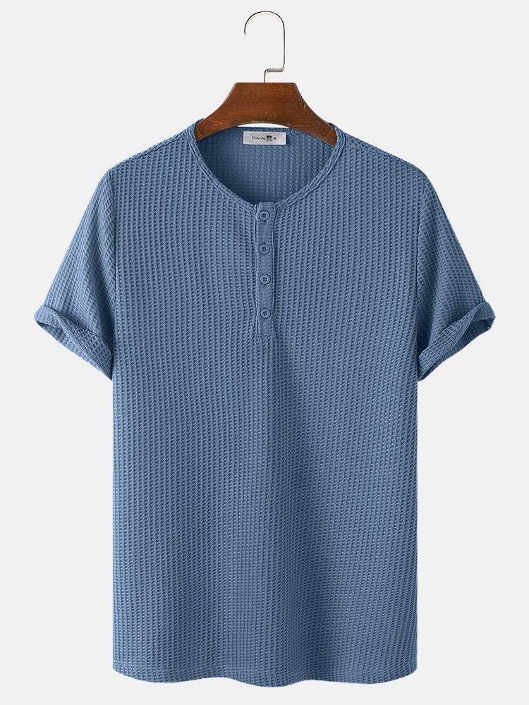 Men's Knitted Waffle T-Shirt | Solid Color Casual Short Sleeve Style