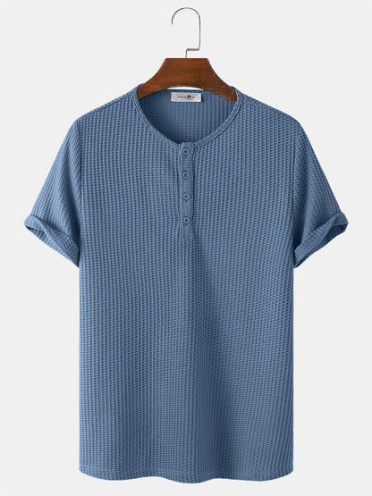 Men's Knitted Waffle T-Shirt | Solid Color Casual Short Sleeve Style