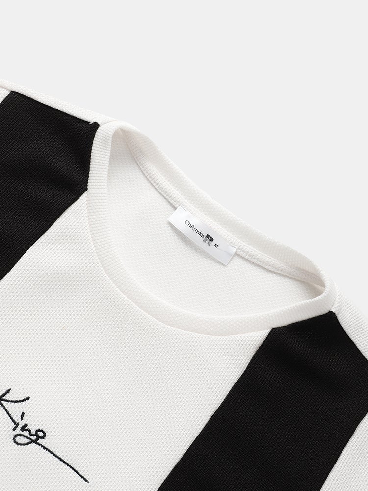Men's Knit Two-Tone Patchwork T-Shirt | Embroidered Preppy Short Sleeve Style