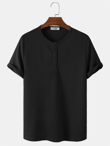 Men's Knitted Waffle T-Shirt | Solid Color Casual Short Sleeve Style