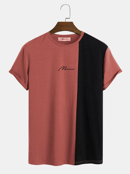 Men's Script Print Panel Patchwork T-Shirt | Crew Neck Casual Short Sleeve