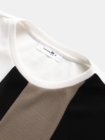 Men's Block Stripe Stitching T-Shirt | Knitted Preppy Short Sleeve Style