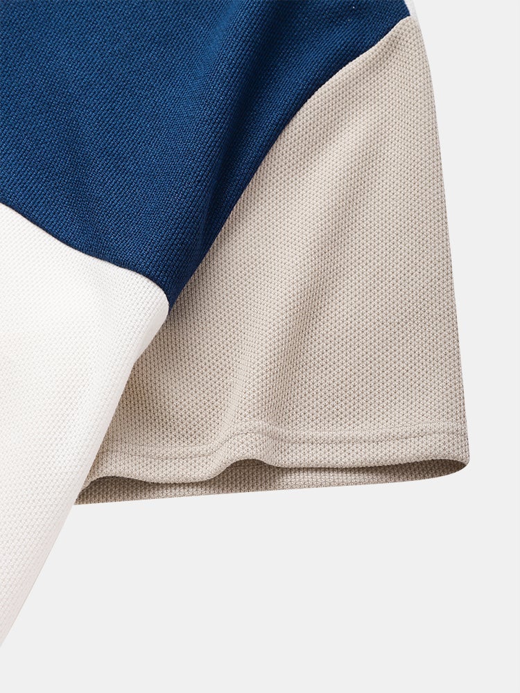 Men's Waffle Knit Color Block T-Shirt | Loose Patchwork Short Sleeve Hooded Style