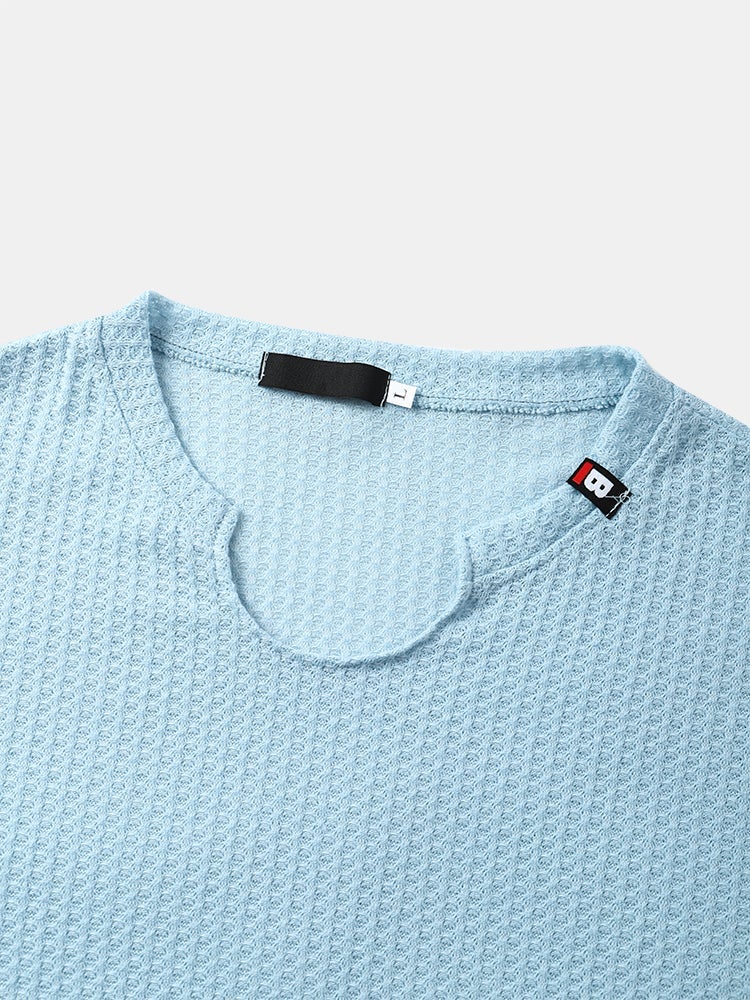 Men's Knit Texture Side Split T-Shirt | Loose Long Sleeve Plain Style