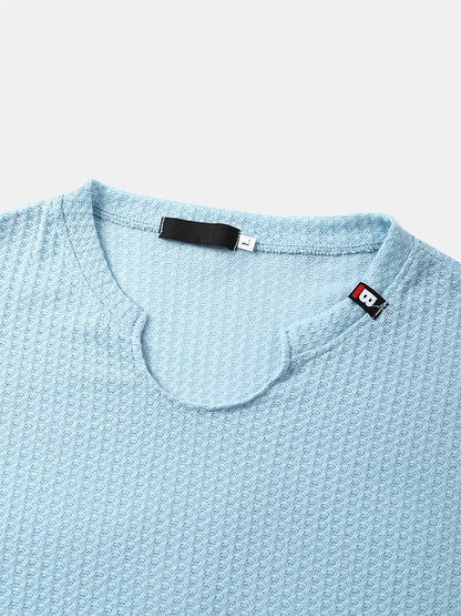 Men's Knit Texture Side Split T-Shirt | Loose Long Sleeve Plain Style