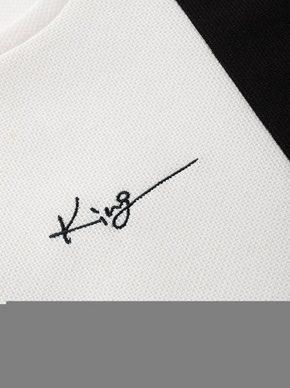 Men's Knit Two-Tone Patchwork T-Shirt | Embroidered Preppy Short Sleeve Style