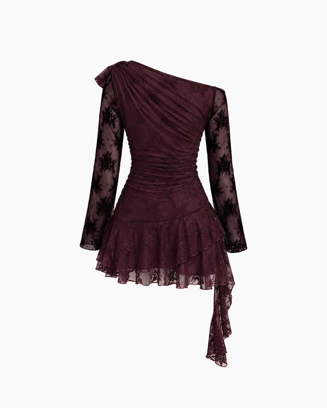 Asymmetrical One Shoulder Lace Ruffle Mini Dress in Wine Maroon
