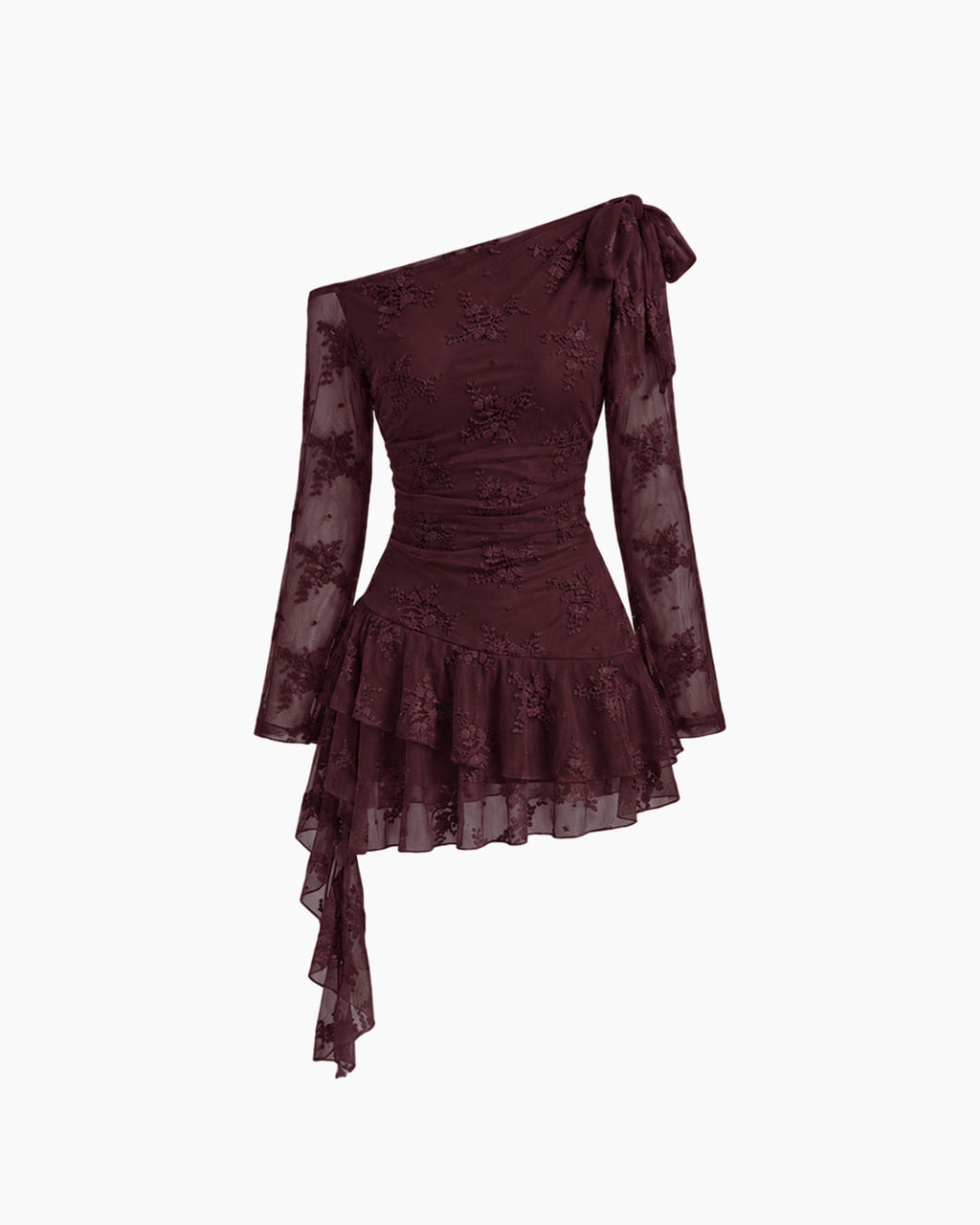 Asymmetrical One Shoulder Lace Ruffle Mini Dress in Wine Maroon