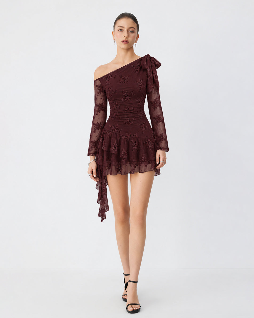 Asymmetrical One Shoulder Lace Ruffle Mini Dress in Wine Maroon