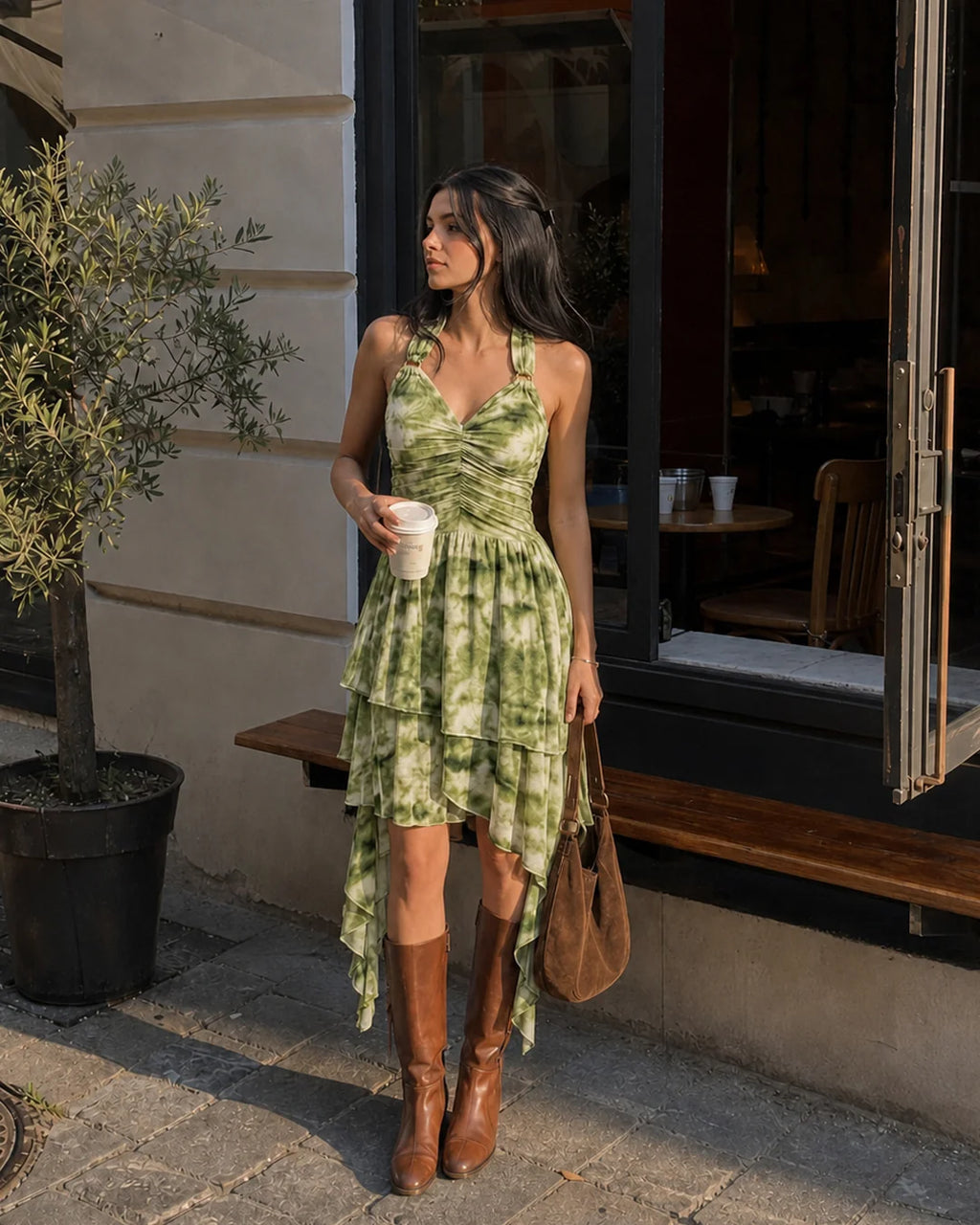 Ruched Halter Asymmetrical Dress in Olive Green