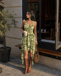 Ruched Halter Asymmetrical Dress in Olive Green