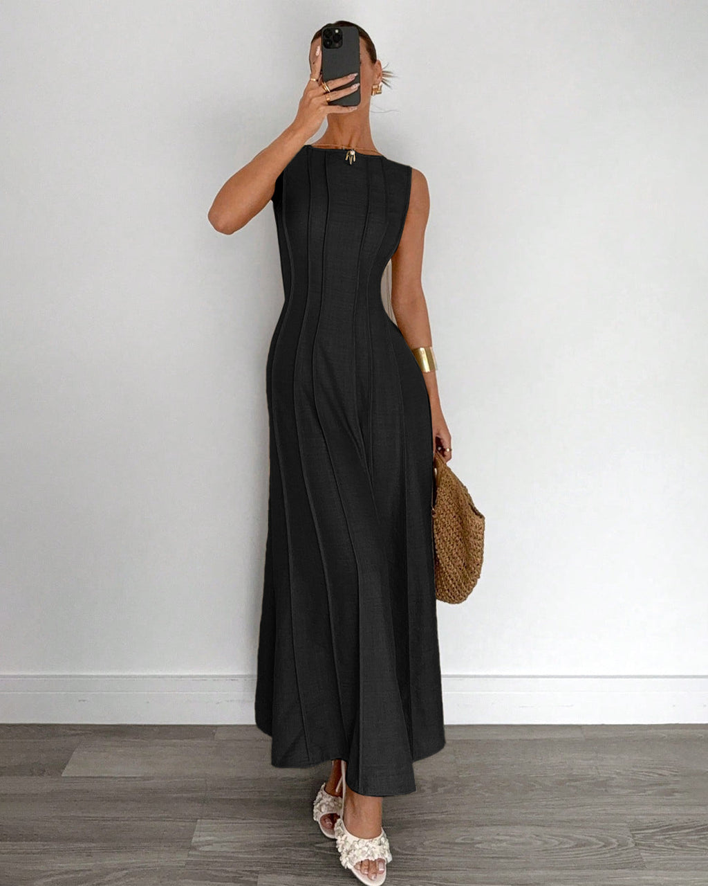 Split Pleated Waist A-Line Maxi Dress in Classic Black
