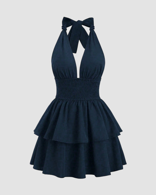 Bonus Cloth's Cinched Waist Bow Halter Neck Mini Dress in Navy Blue