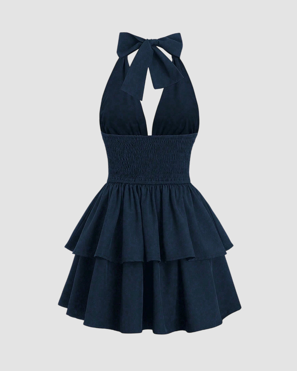 Cinched Waist Bow Halter Neck Mini Dress in Navy Blue