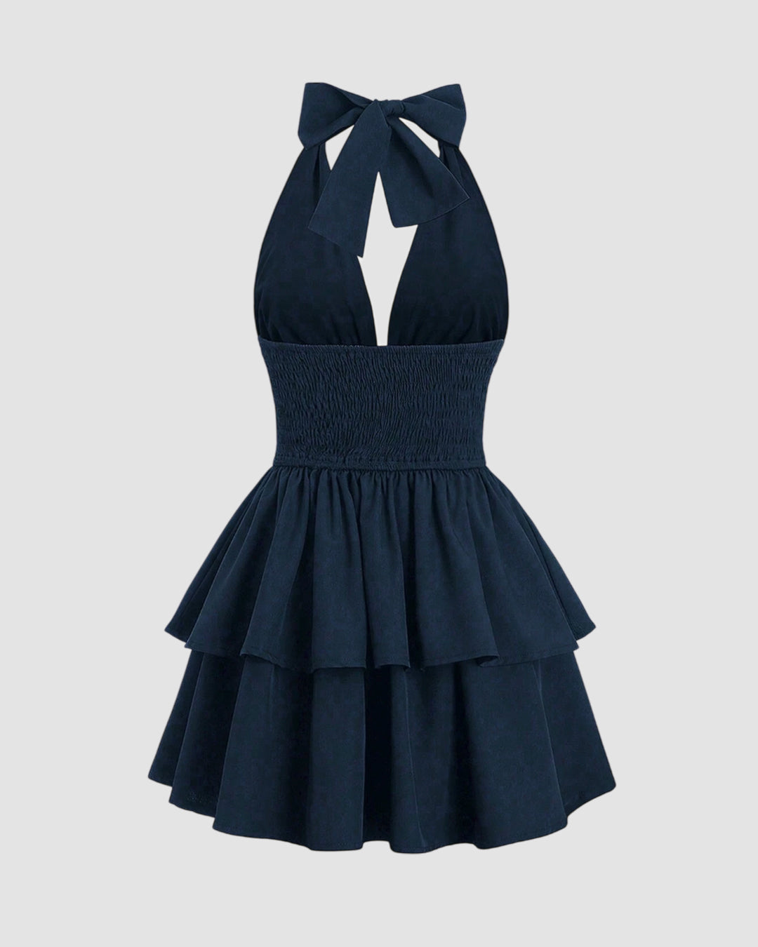 Cinched Waist Bow Halter Neck Mini Dress in Navy Blue