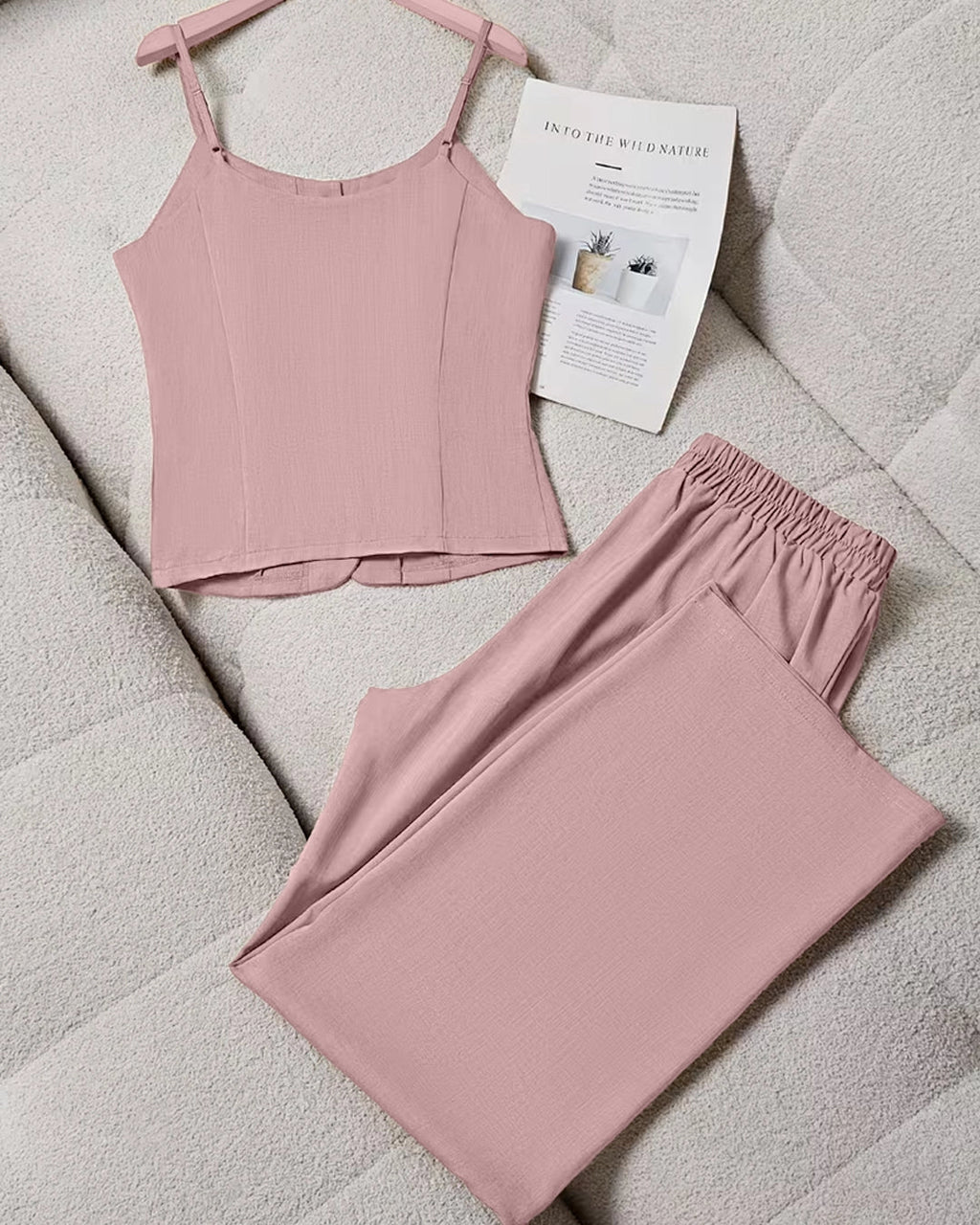 Sleeveless Regular Button Down Top And A Line Straight Trousers Set in Baby Pink