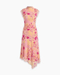 High Neck Ruched Asymmetrical Hem Sleeveless Floral Midi Dress In Dusty Pink