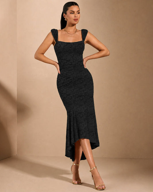 Bonus Cloth's Square Neck High-Low Midi Dress in Classic Black