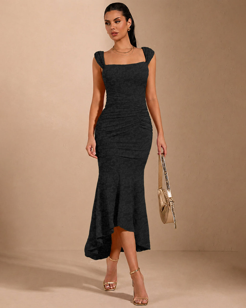 Square Neck High-Low Midi Dress in Classic Black